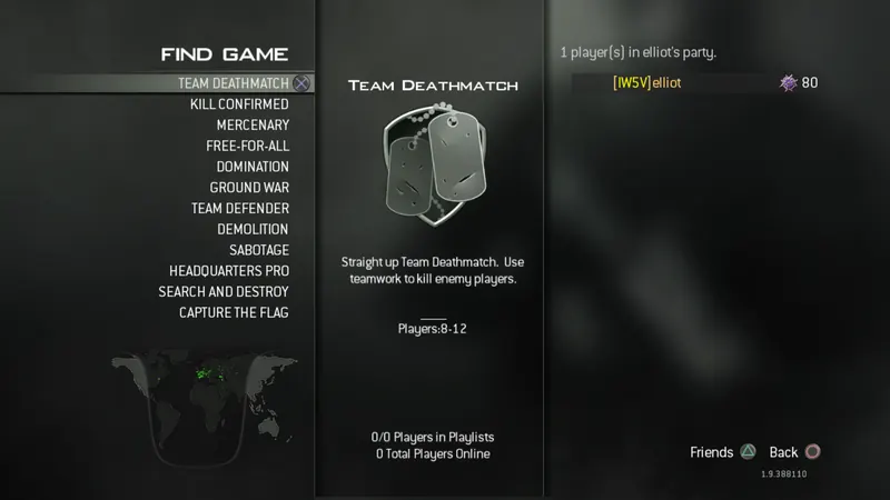 Find Game playlist menu with Team Deathmatch selected