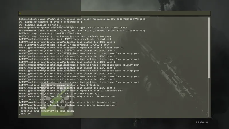 The in-game console showing DemonWare network log lines