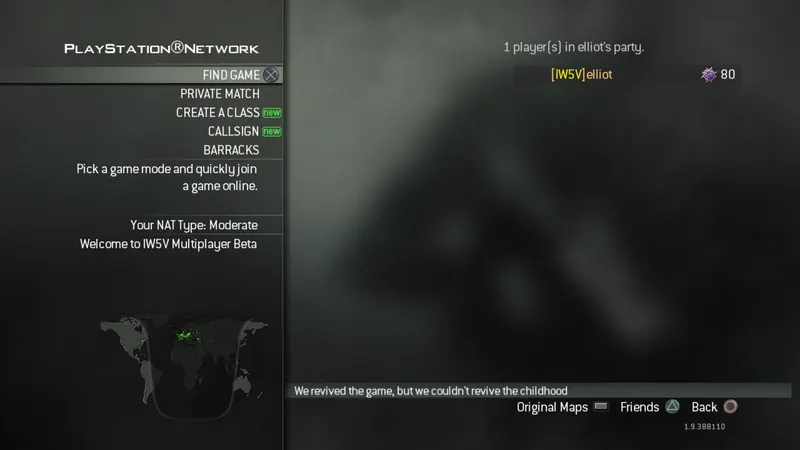 The IW5V online menu in the PS3 style: Find Game, Private Match, Create a Class, Callsign, Barracks