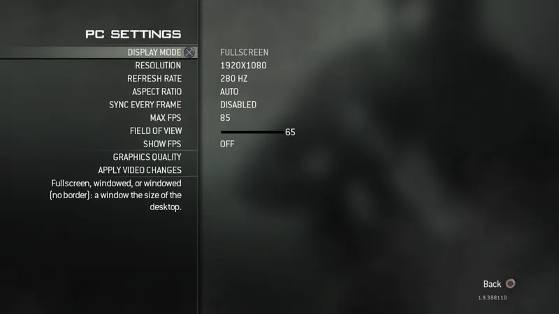 PC SETTINGS page: display mode, resolution 1920x1080, refresh rate 280 Hz, max FPS, field of view