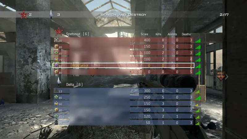 Search and Destroy scoreboard, 6 versus 6, my player plus eleven bots