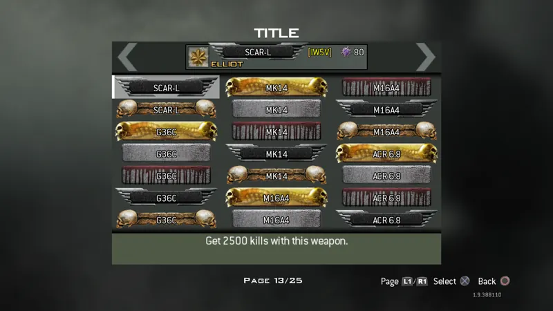 Callsign titles page with weapon titles